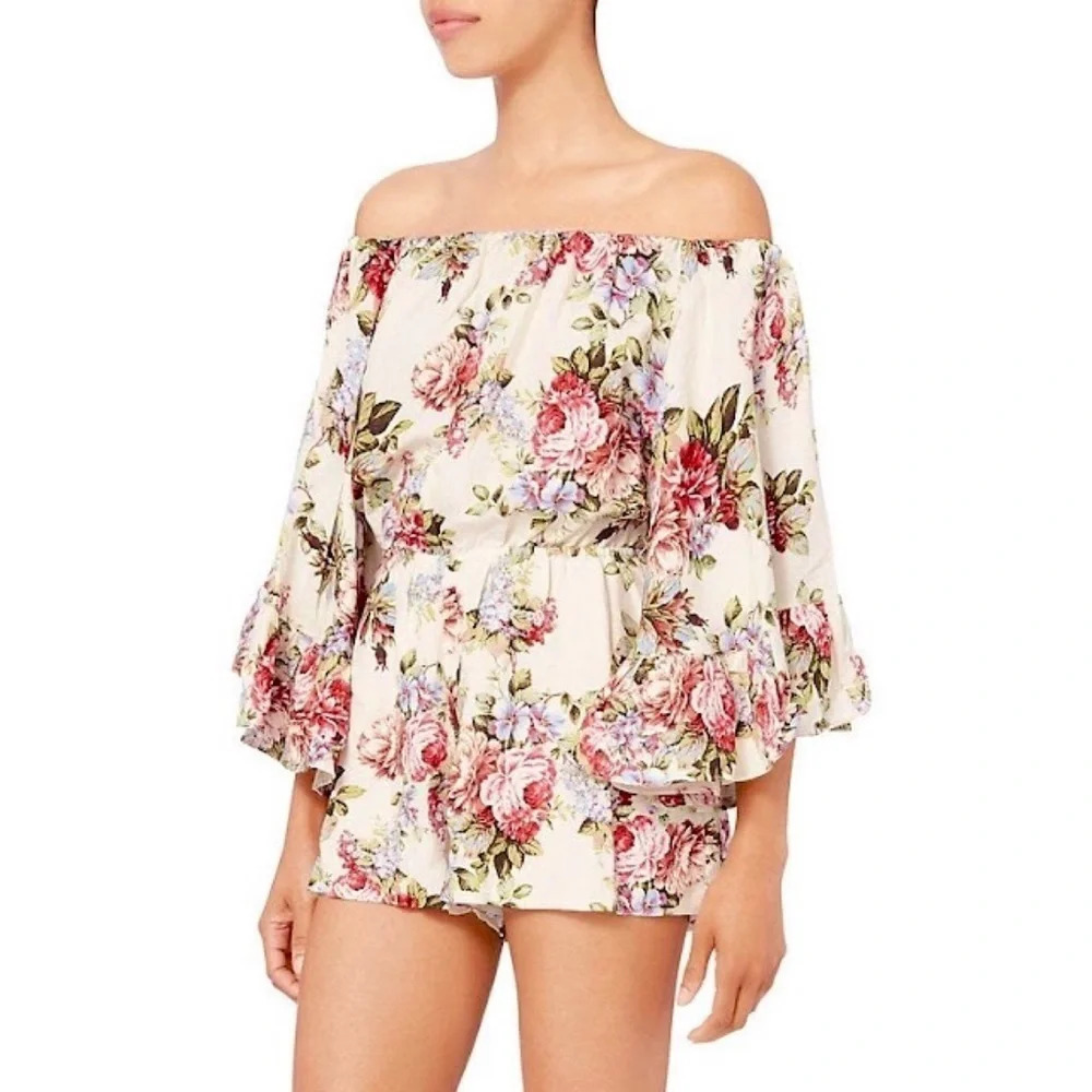 Lpa Anthropologie Linen Off Shoulder Romper Floral Summer Rose Bouquet Size Xs